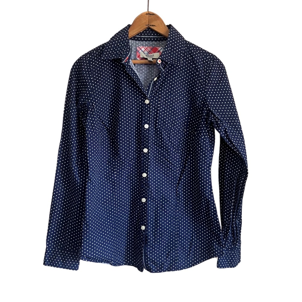 G.H. Bass Women’s XS Navy Blue White Polka Dot Button Down Shirt Preppy